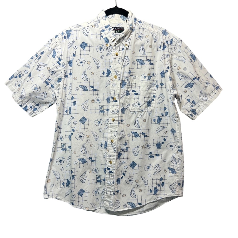 Vintage Trader Bay Nautical Sailboat Floral‎ Shirt Men M 90s Cotton Hawaii Style